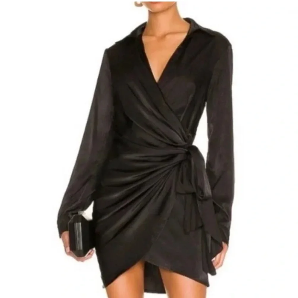 SOLD House of Harlow 1960 x Revolve Navy Satin Long Sleeve Mini Wrap Dress - Picture 2 of 14
